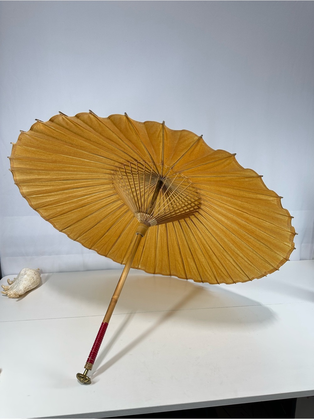 #542 Vintage Paper and Bamboo Parasol Umbrella, Beige and Black with Red Handle